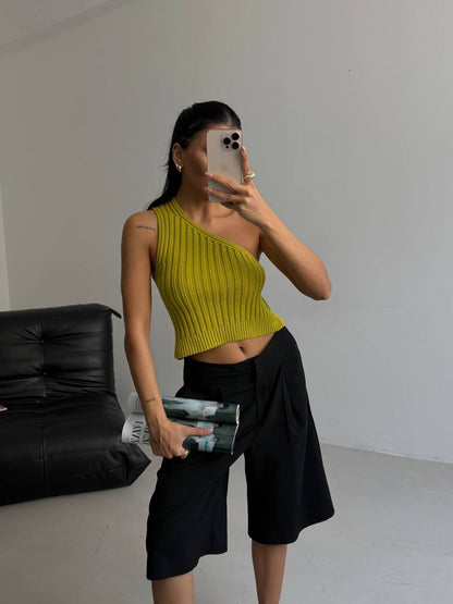 One Shoulder Knitted Green Blouse