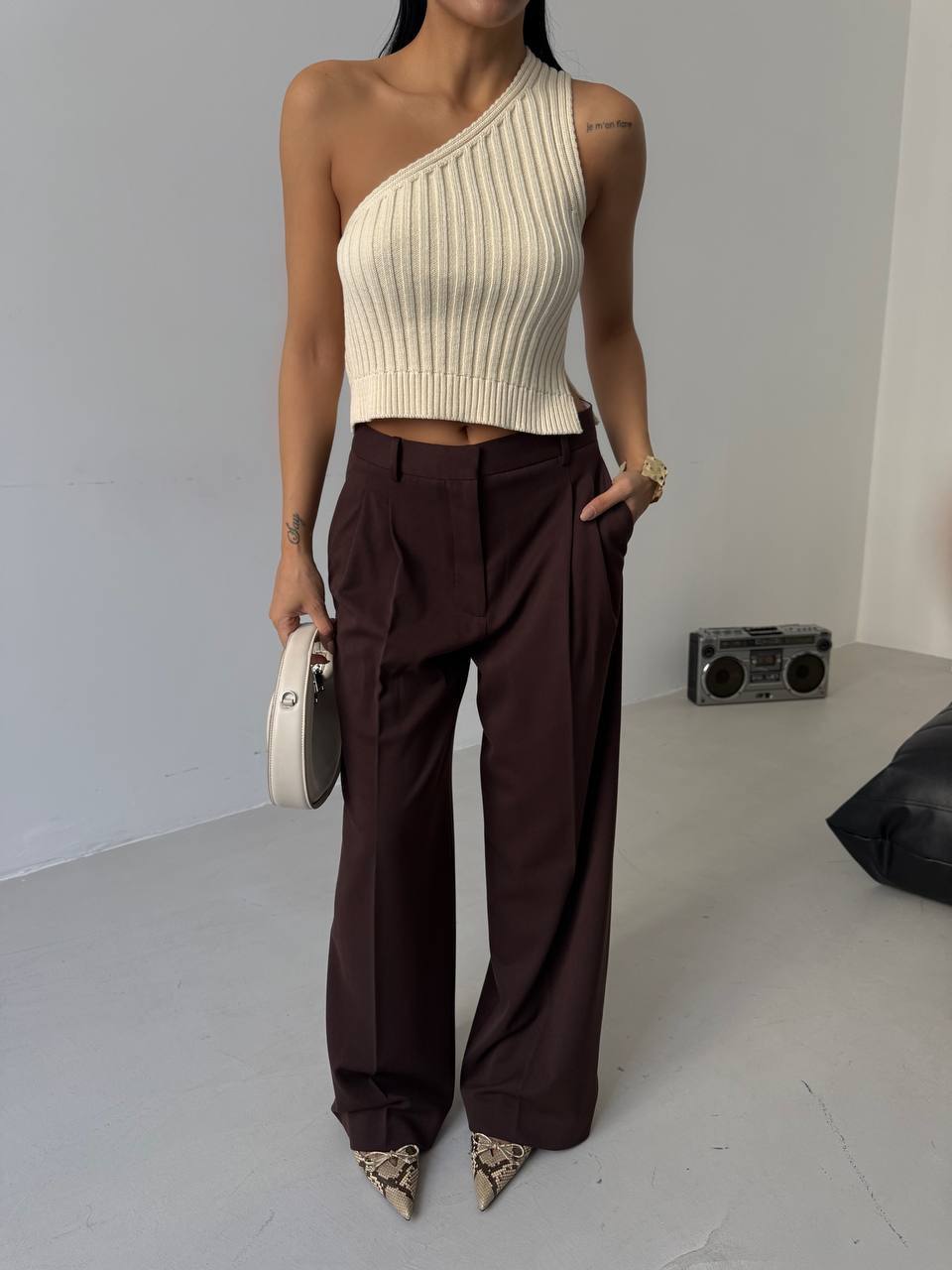 One Shoulder Knitted Ecru Blouse