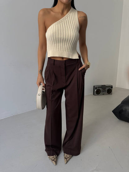 One Shoulder Knitted Ecru Blouse