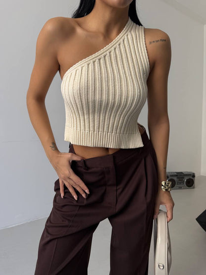 One Shoulder Knitted Ecru Blouse