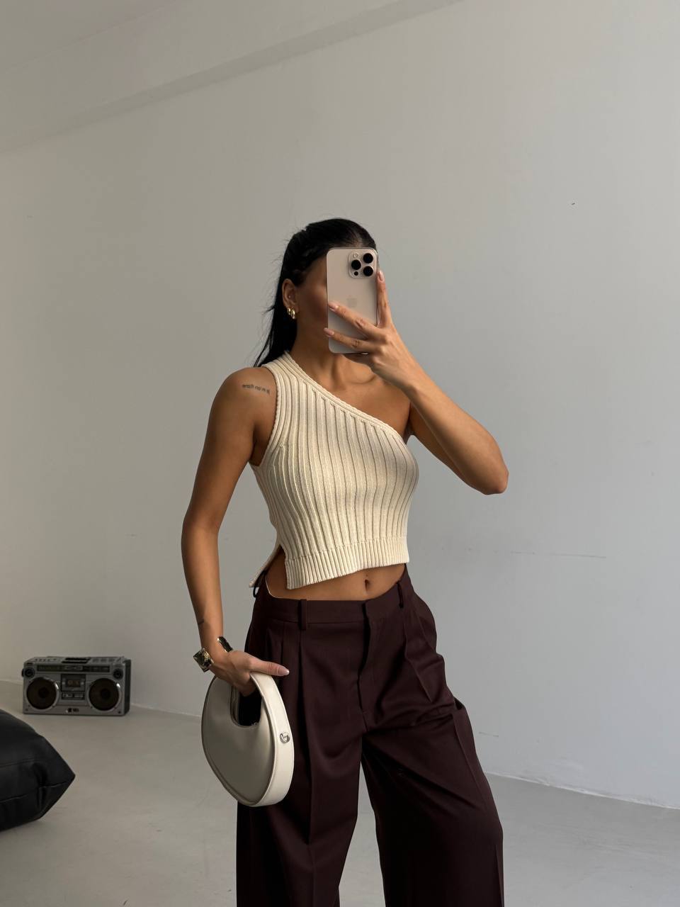 One Shoulder Knitted Ecru Blouse