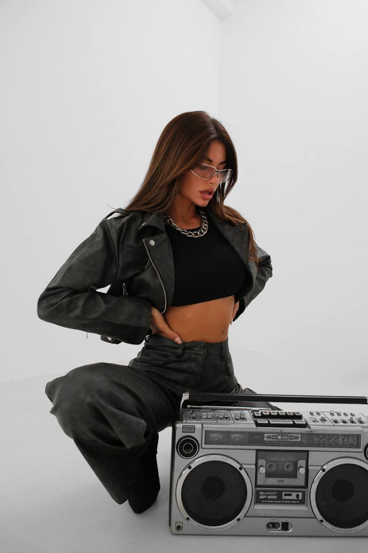 Crop Leather Jacket with Aging Effect