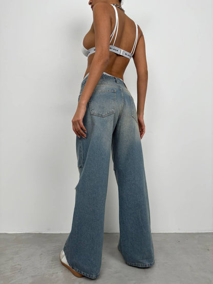 Low Waist Knee Fold Blue Jeans