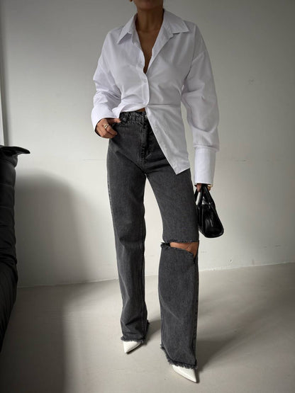 Low Waist Knee Fold Black Jeans