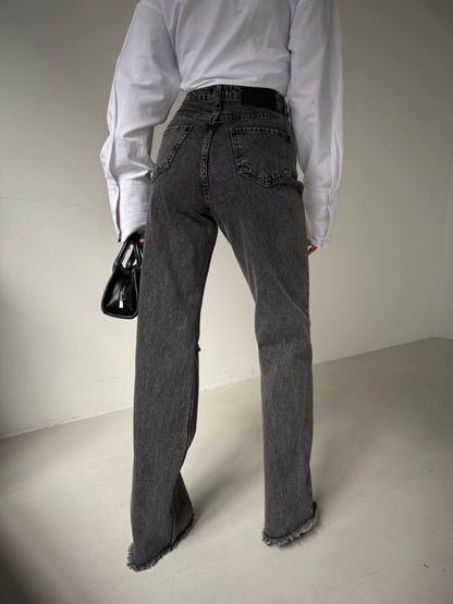 Low Waist Knee Fold Black Jeans