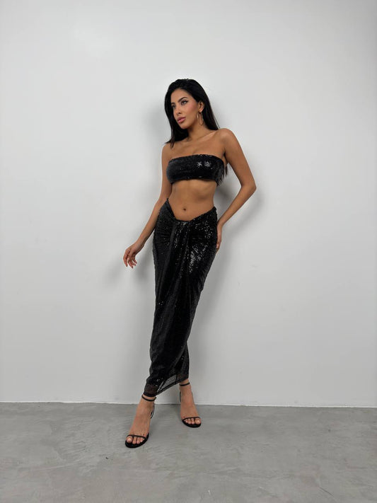 Sequined Strapless Crop Skirt Set