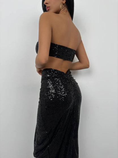 Sequined Strapless Crop Skirt Set
