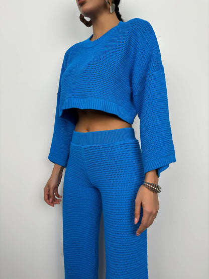 Oversize Knitted Blouse Blue Trousers Set