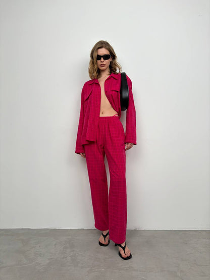 Pocket Fuchsia Shirt Trousers Two Piece Set