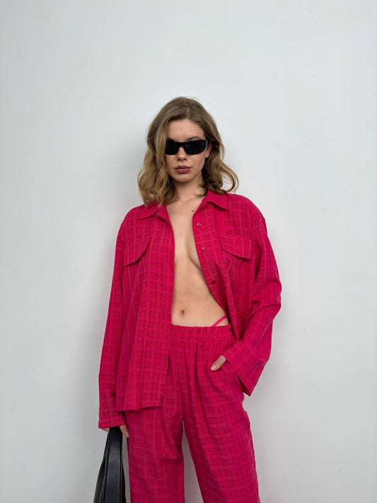 Pocket Fuchsia Shirt Trousers Two Piece Set