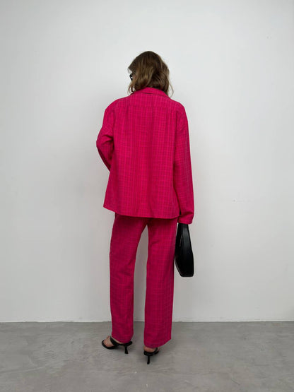 Pocket Fuchsia Shirt Trousers Two Piece Set