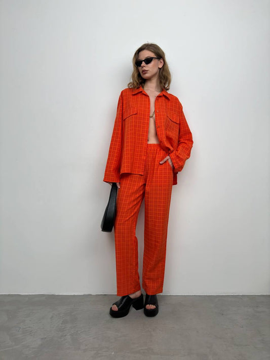 Pocket Orange Shirt Trousers Two Piece Set