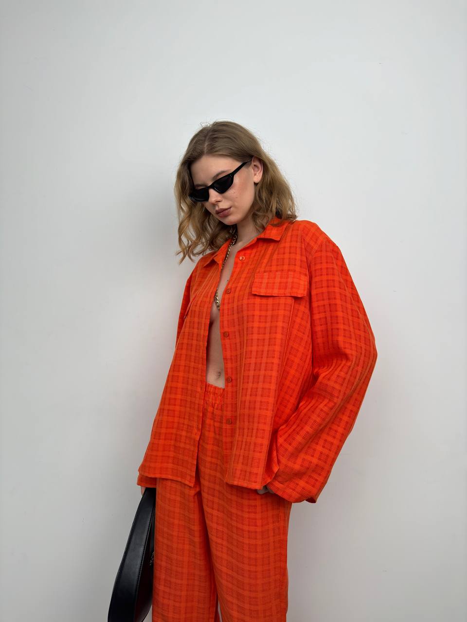 Pocket Orange Shirt Trousers Two Piece Set