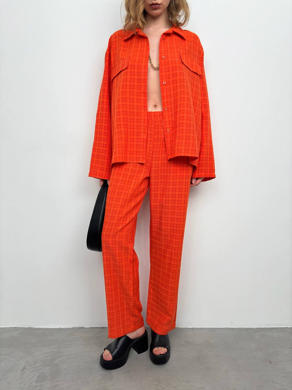 Pocket Orange Shirt Trousers Two Piece Set