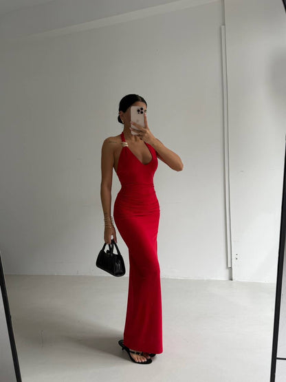 Adjustable Strap Maxi Dress with Gold Ring Detail