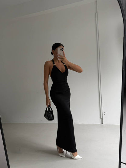 Adjustable Strap Maxi Dress with Gold Ring Detail