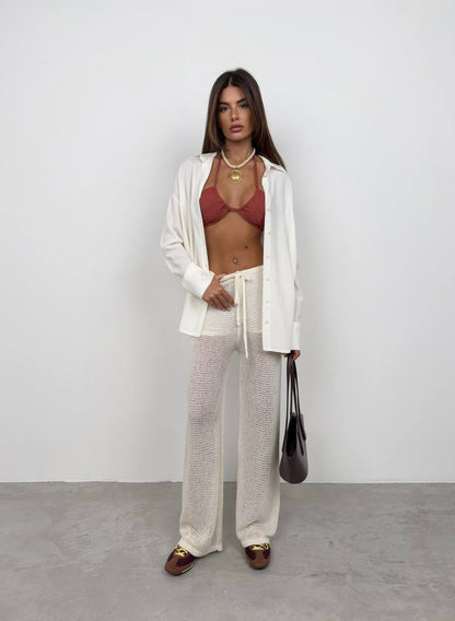 Drawstring Detail Low-Waist Crochet Pants – Ecru