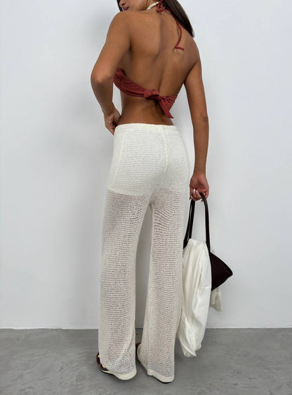 Drawstring Detail Low-Waist Crochet Pants – Ecru