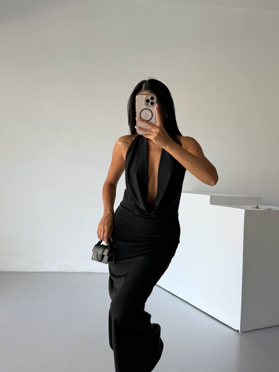 Shawl Collar Low-Cut Black Dress