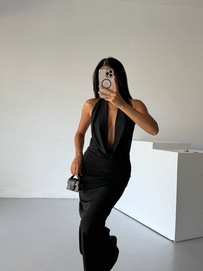 Shawl Collar Low-Cut Black Dress