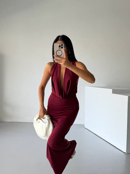 Shawl Collar Low-Cut Burgundy Dress