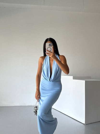 Shawl Collar Low-Cut Powder Blue Dress