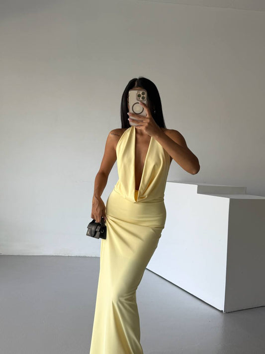 Shawl Collar Low-Cut Soft Yellow Dress