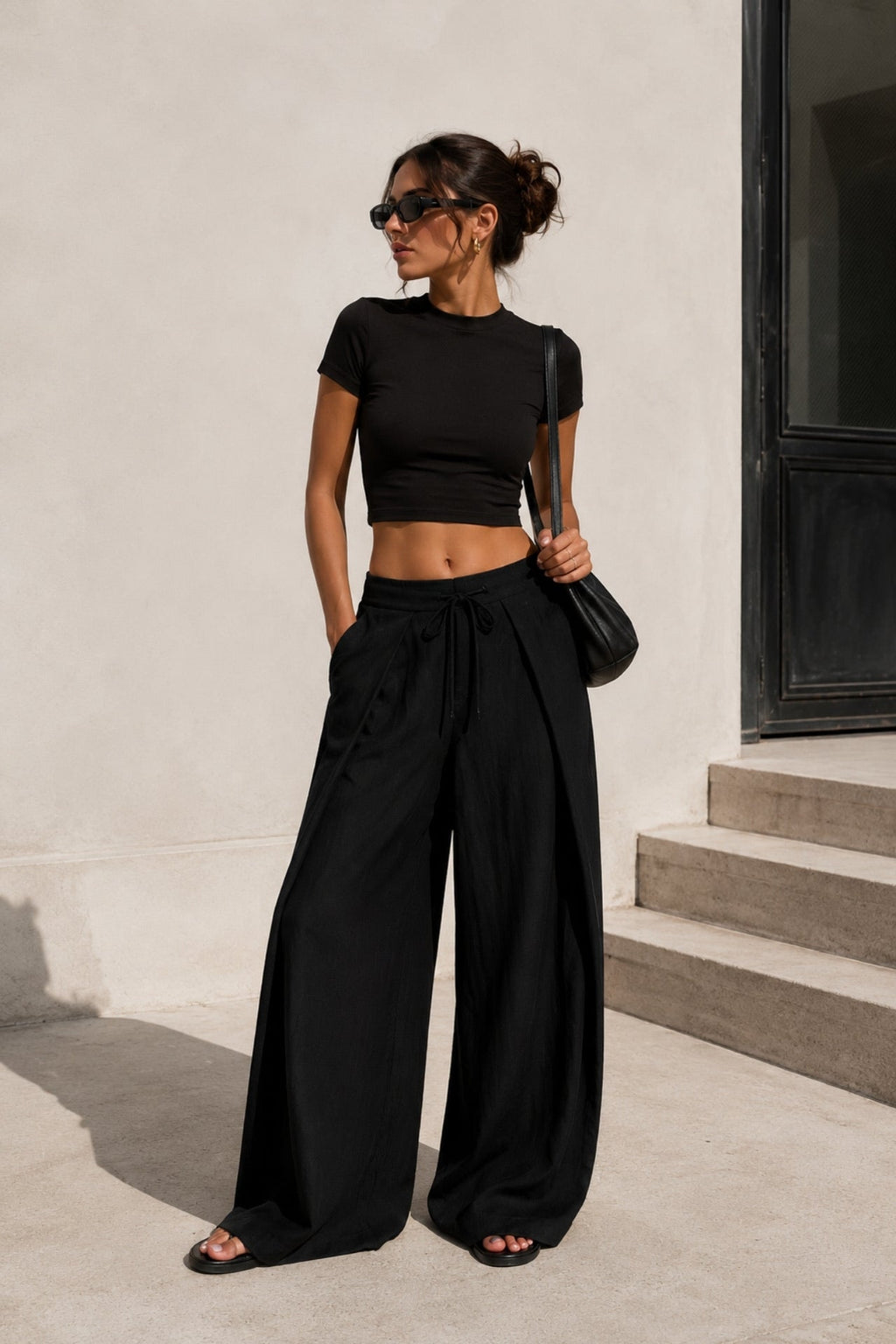 Pleat Detail Lace-Up Black Linen Trousers