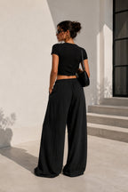 Pleat Detail Lace-Up Black Linen Trousers