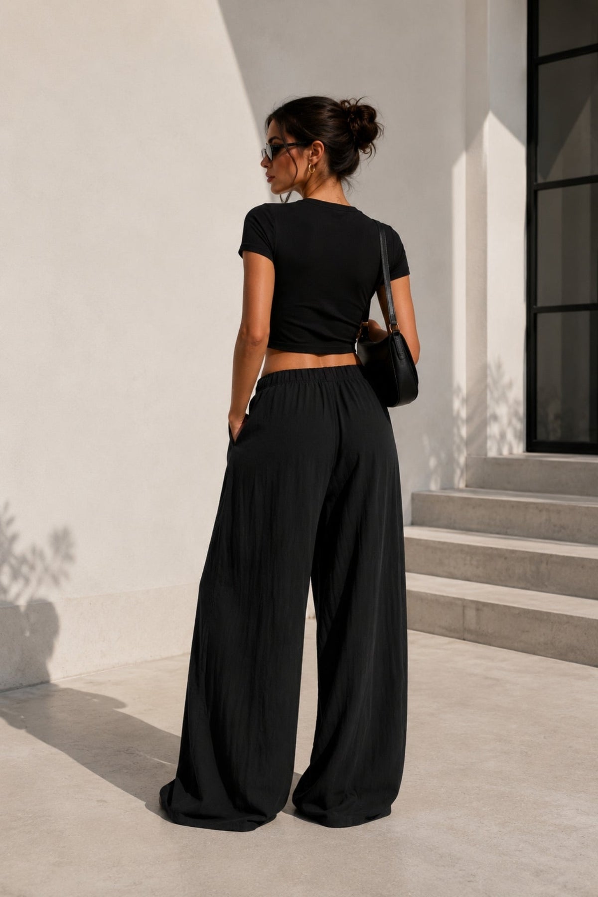 Pleat Detail Lace-Up Black Linen Trousers