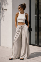 Pleated Lace-Up Stone Linen Trousers