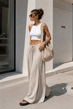 Pleated Lace-Up Stone Linen Trousers