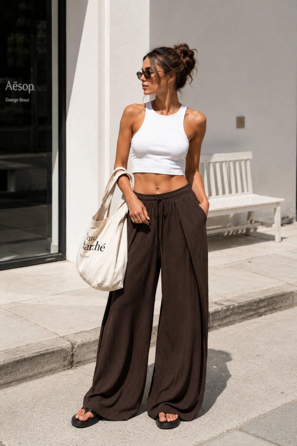 Pile Detail Lace-Up Brown Linen Trousers