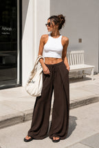 Pile Detail Lace-Up Brown Linen Trousers