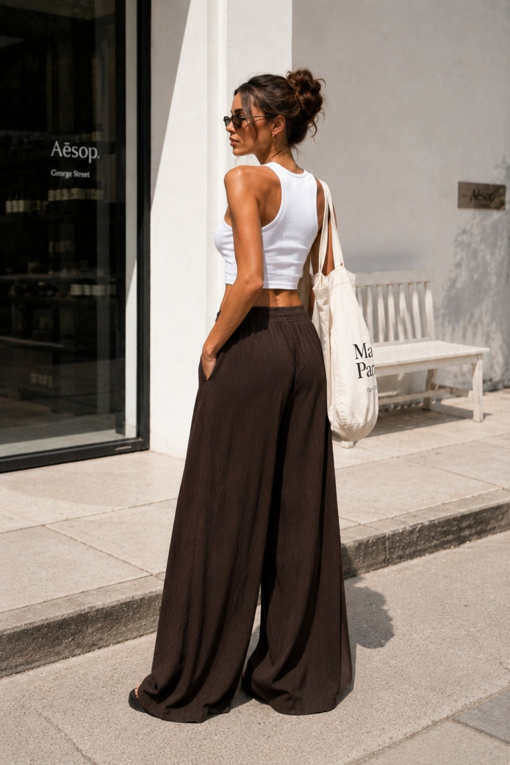 Pile Detail Lace-Up Brown Linen Trousers
