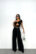 Pleat Detail Waistted Black Pants