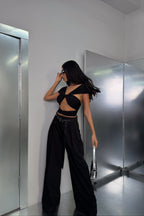 Pleat Detail Waistted Black Pants