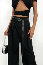 Pleat Detail Waistted Black Pants