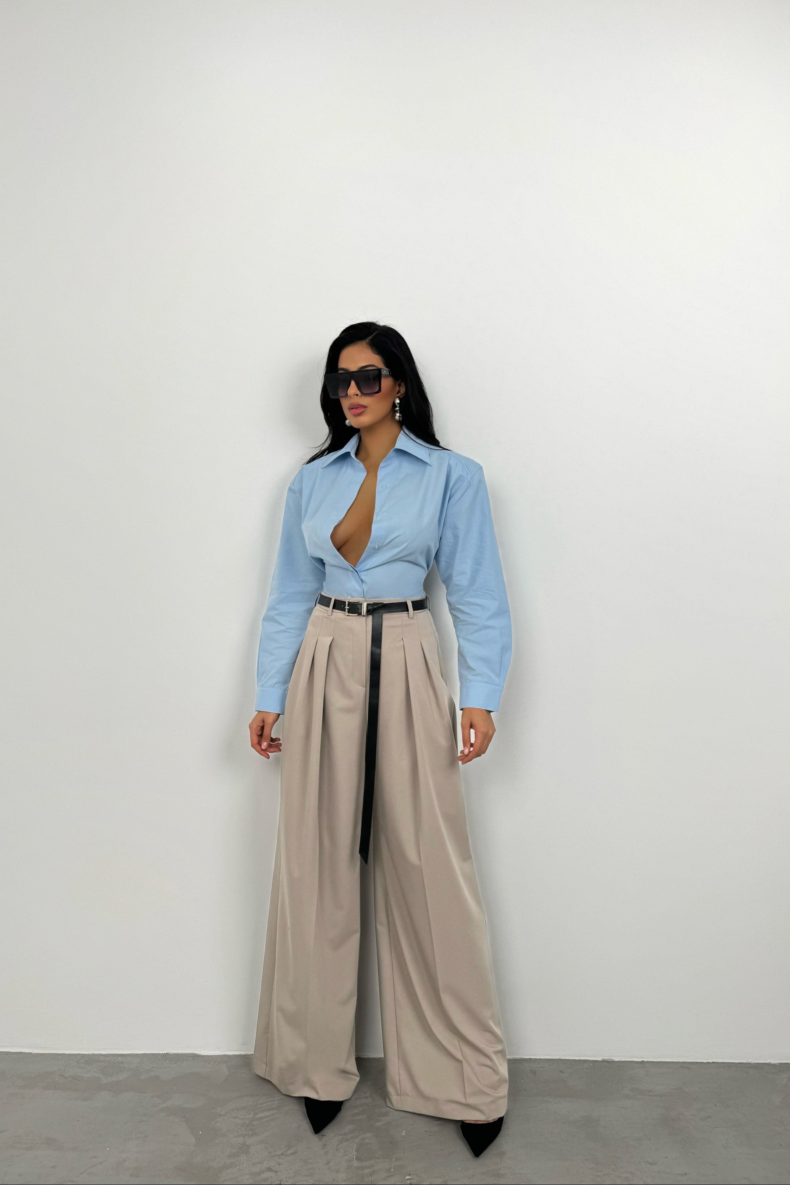 Pleat Detail Waistted Beige Pants