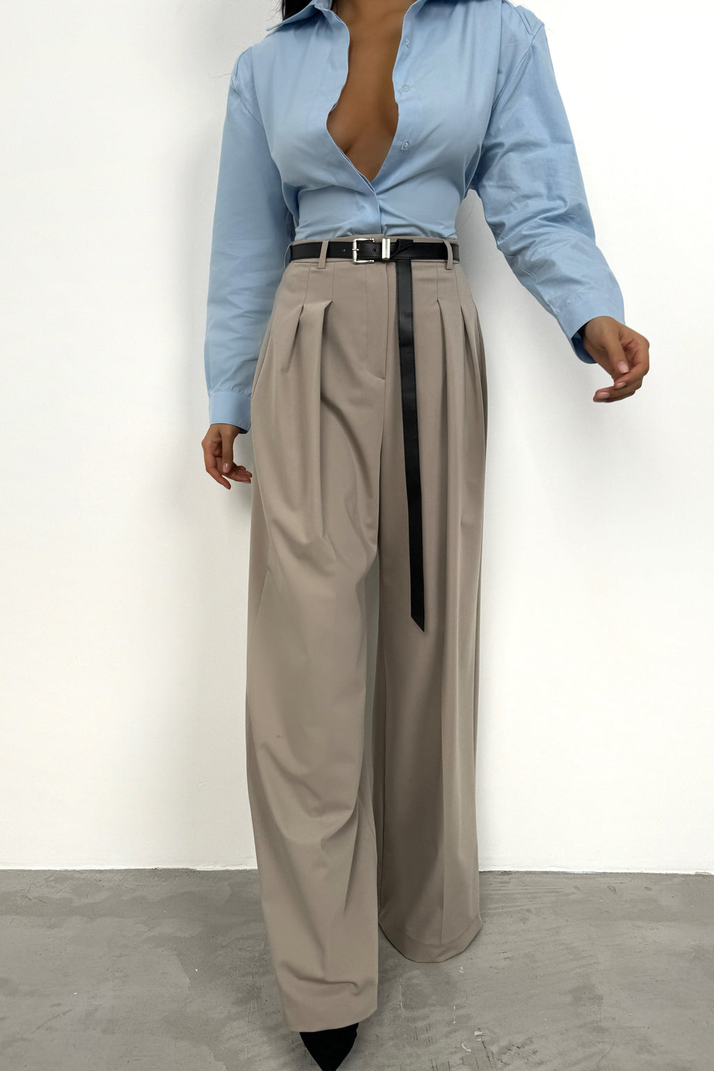 Pleat Detail Waistted Beige Pants