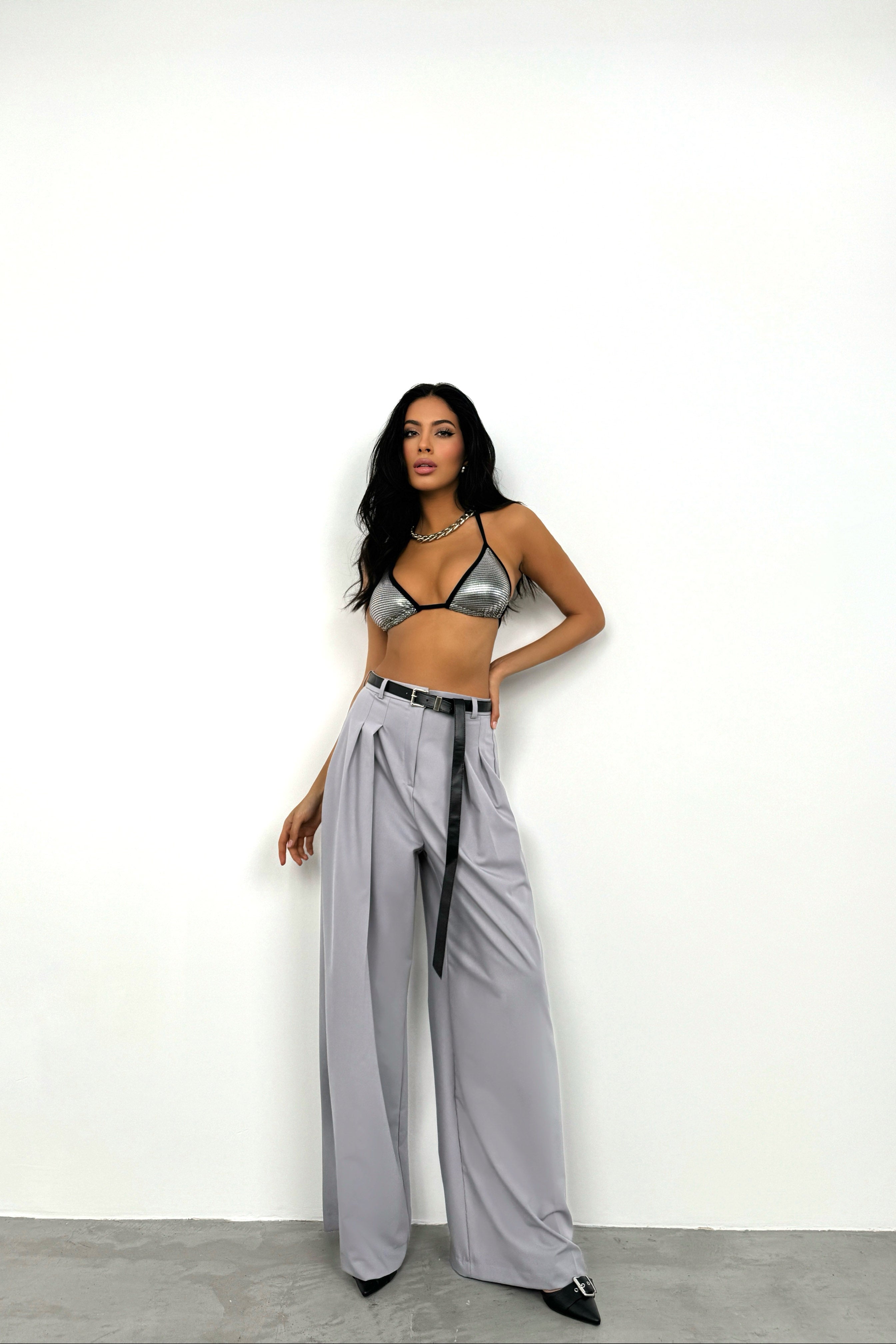 Pleat Detail Waistted Light Gray Pants