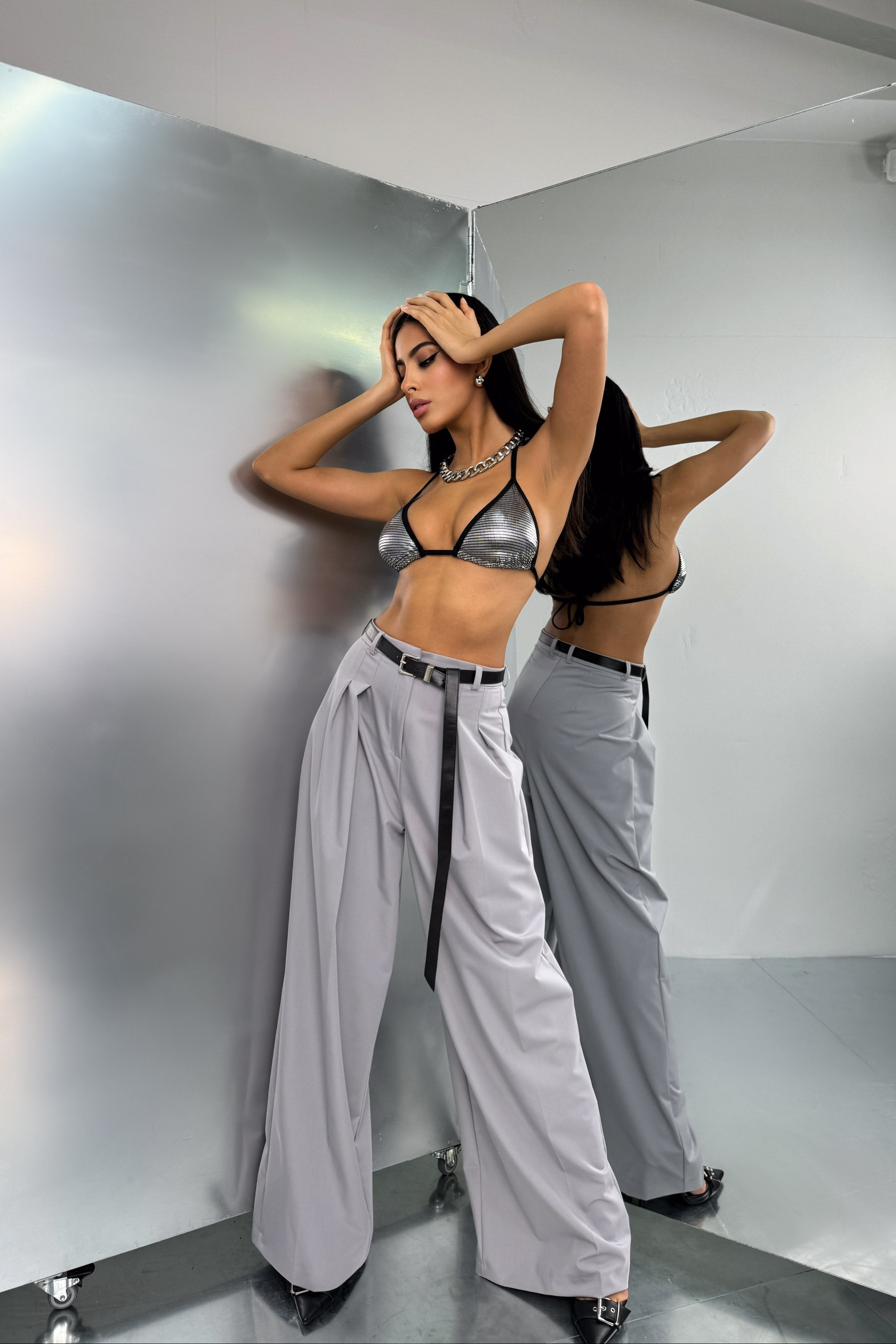 Pleat Detail Waistted Light Gray Pants