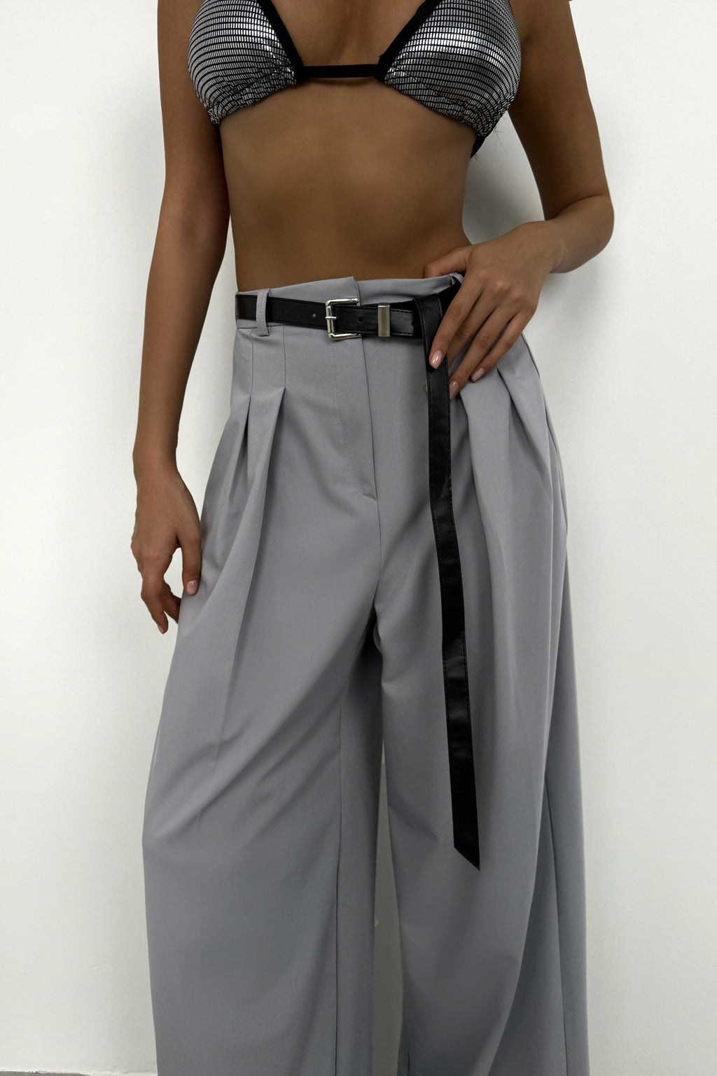 Pleat Detail Waistted Light Gray Pants