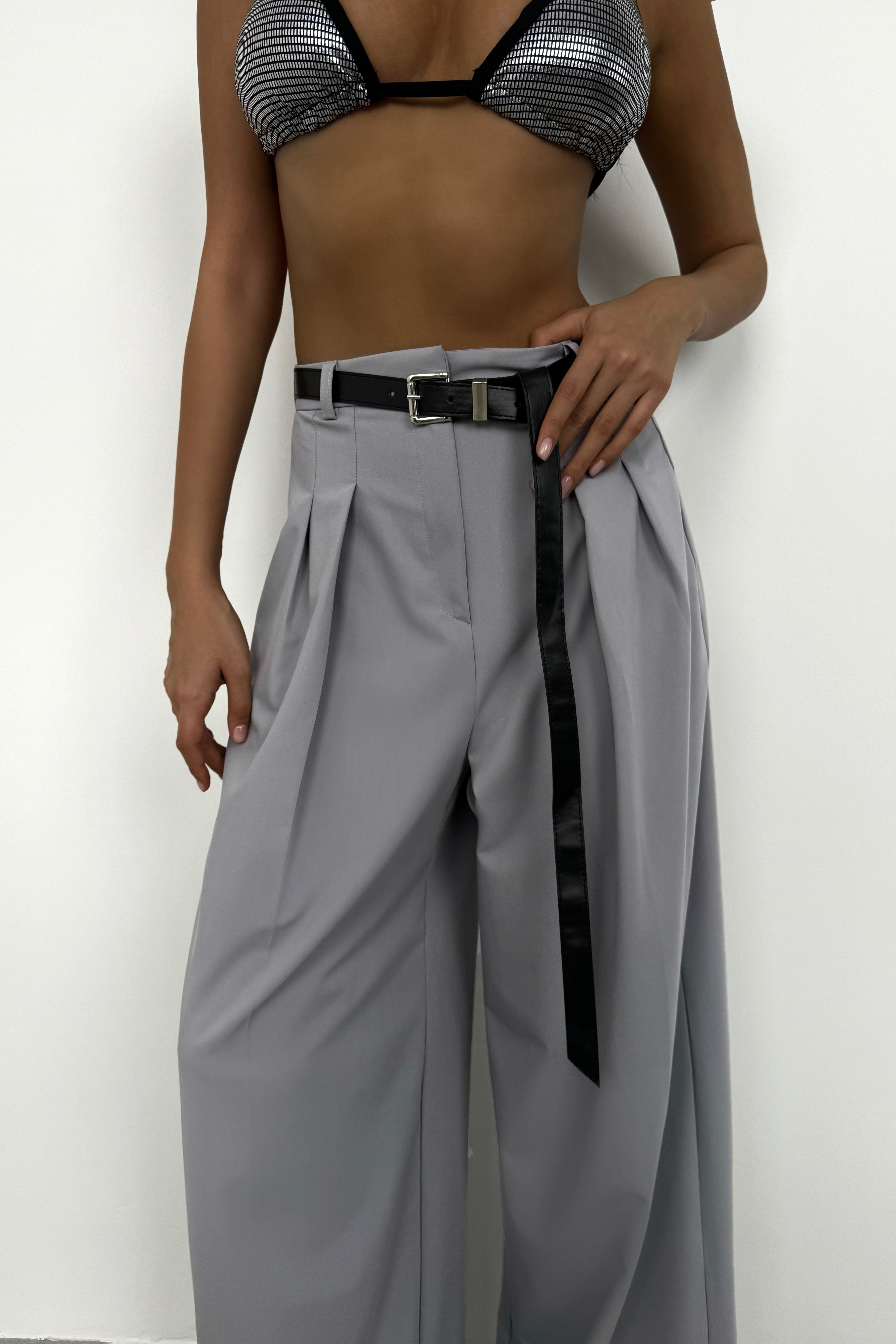 Pleat Detail Waistted Light Gray Pants