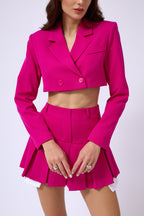 Pleated Skirt Crop Fuchsia Jacket Set