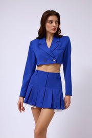 Pleated Skirt Crop Saxe Blue Jacket Set