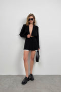 Pleated Skirt Crop Black Jacket Set