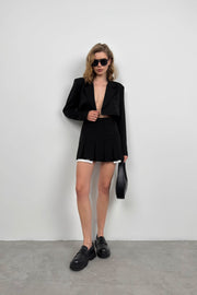 Pleated Skirt Crop Black Jacket Set