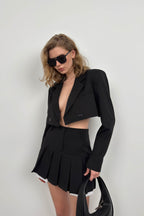 Pleated Skirt Crop Black Jacket Set
