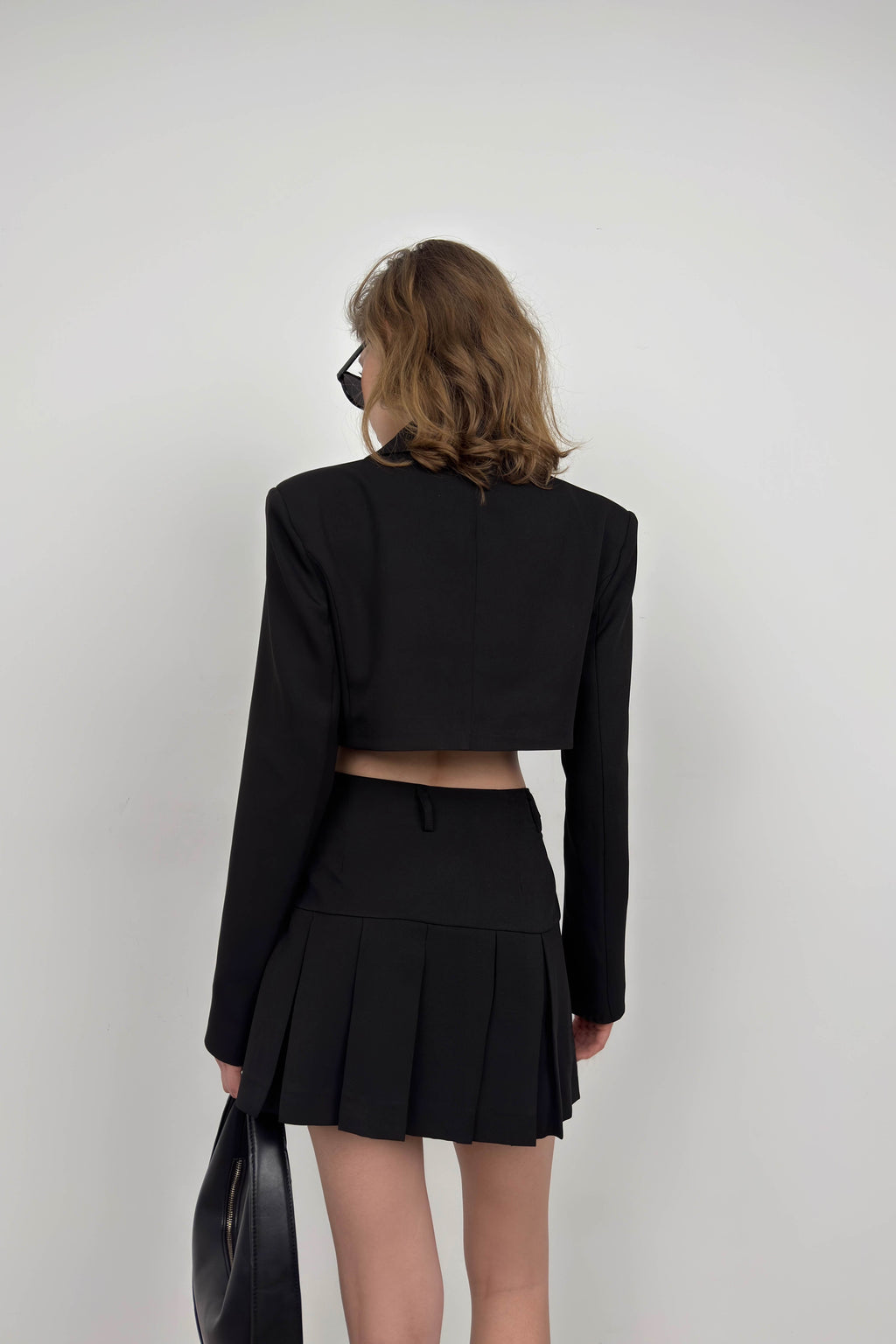 Pleated Skirt Crop Black Jacket Set
